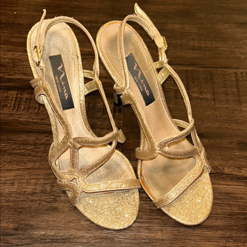 Nina Gold Glittery Sparkly Strappy Sandals/Heels
